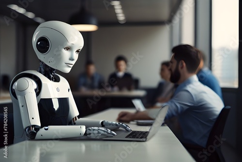 Robot works in an office among people. IT team of the future. The concept of artificial intelligence and people working in the future