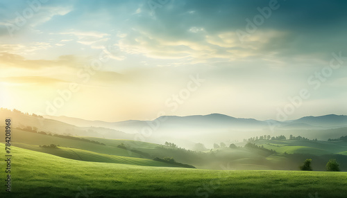 Green juicy field and sunset  spring concept