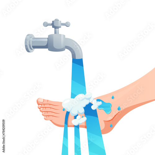 Side view of feet washed with water isolated on white background.
