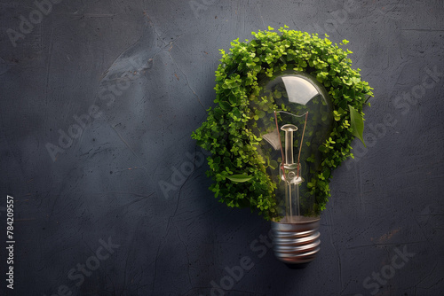 Eco-friendly light bulb covered with greenery, sustainability concept photo