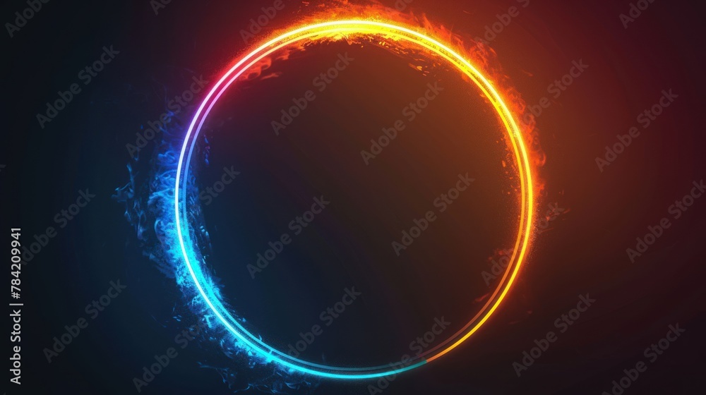 Circular gradient neon frame transitioning from fiery orange to electric blue - obrazy, fototapety, plakaty 