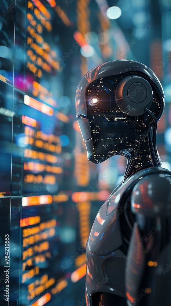 A digital 3D illustration with matte painting of robot trading or machine learning for futuristic automation and AI concepts A digital 3D illustration with matte painting of robot trading or machine learning for futuristic automation and AI concepts