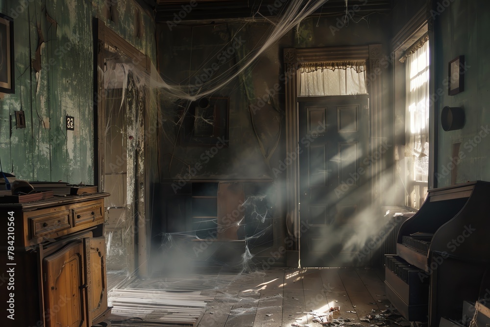 A dusty, cobwebfilled room in an old house, evoking a sense of haunting presence