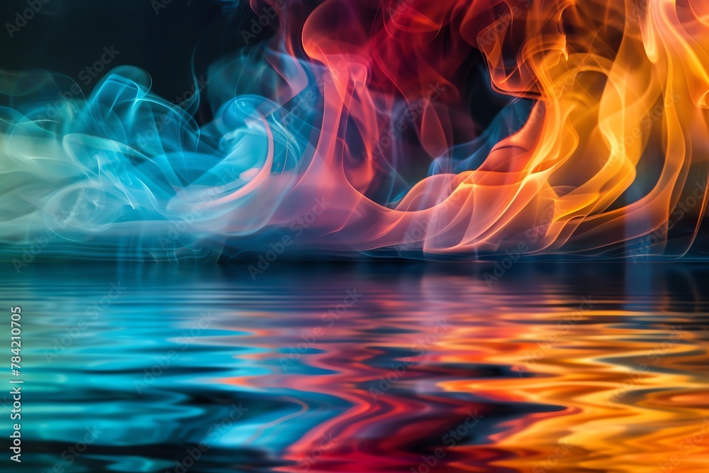 A mesmerizing scene of intense, colorful smoke flowing gracefully over a dark lake, reflecting vivid colors