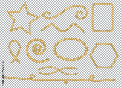 Linear rope frame for decorative design. Collection of photo frames. Vector set. transparent background. Artistic vector sea style.