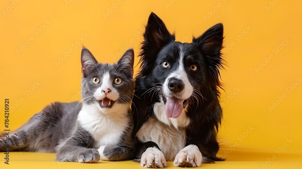 A happy expression border collie dog and grey striped tabby cat together on a yellow background. A happy expression border collie dog and grey striped tabby cat together on a yellow background.