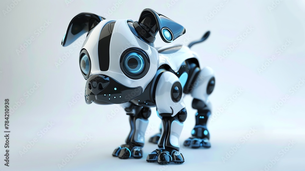 A surprisedlooking robot dog or animal pet toy, created in a mixed digital 3D illustration and matte painting