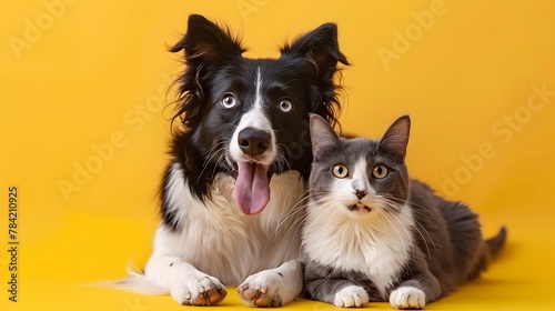 A happy expression border collie dog and grey striped tabby cat together on a yellow background.
