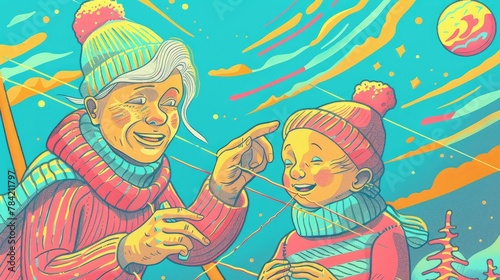 A grandmother teaching her grandchild to knit under the random, flickering northern lights