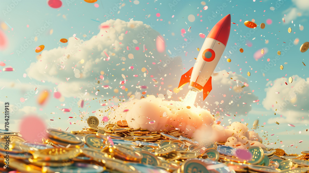 Rocket Launching from Pile of Coins Investment and Financial Growth Concept Rocket Launching from Pile of Coins Investment and Financial Growth Concept