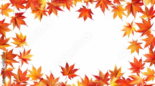 A rectangular frame composed of autumn maple leaves in vibrant shades of red orange