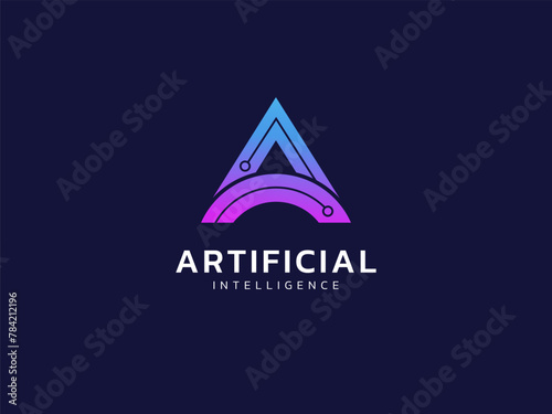 Artificial intelligence with letter A network lines technology Analysis logo vector design concept. AI technology logotype symbol for advance technology, tech company, ui, innovation, robot, new tech.