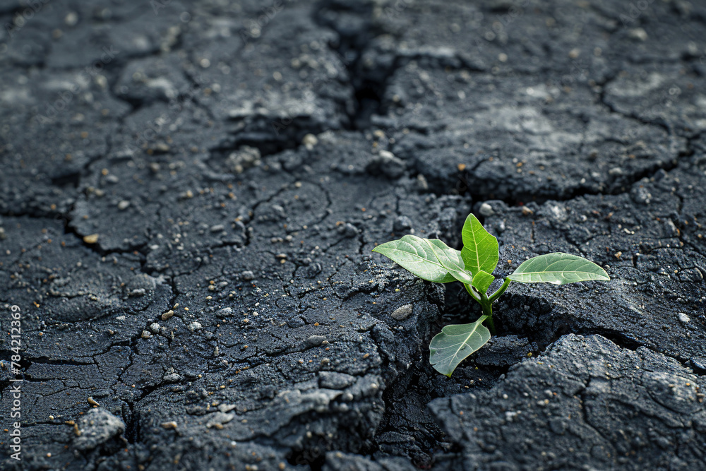 Vibrant green leaves sprout from dry desert soil, symbolizing the resilience of life in harsh environments Vibrant green leaves sprout from dry desert soil, symbolizing the resilience of life in harsh environments