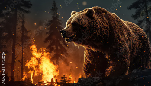 A bear in fear in a forest swallowed up by fire , safe nature day concept