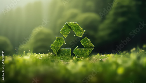 Recycling sign on green forest background , safe nature earth day concept