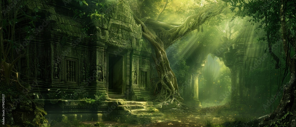 Naklejka premium Ancient temple hidden in a jungle, with vines and sunlight filtering through, AI Generative