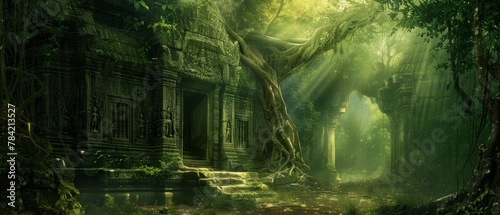 Ancient temple hidden in a jungle, with vines and sunlight filtering through, AI Generative photo
