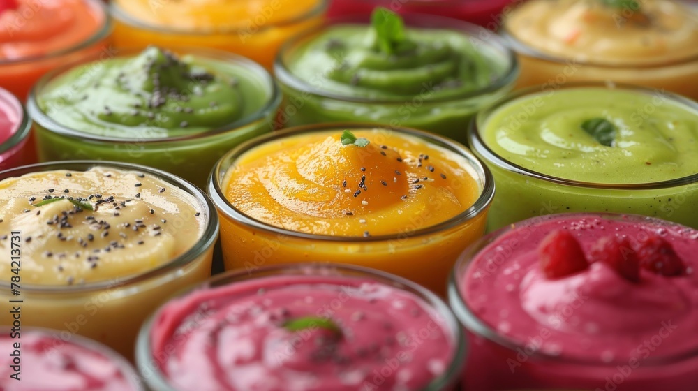 Freshly blended fruit and vegetable smoothies, a spectrum of nutrition in every sip, artfully presented, AI Generative