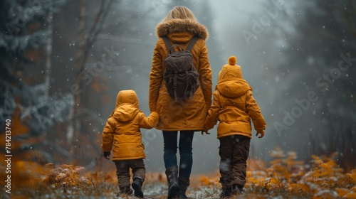 Family hike with mother and little sons, exploring the mysteries of the forest, educational adventure in the great outdoors, AI Generative
