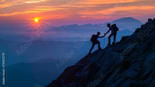 Hikers helping each other up mountain at sunrise, symbol of teamwork and active lifestyle, bond of adventure, silhouette against dawn, uplifting, AI Generative