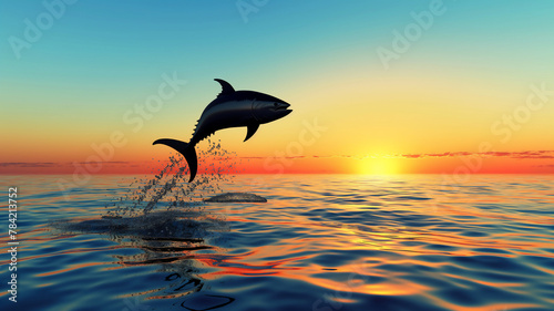 A digital image of a shark leaping from the ocean at sunset, with water droplets in the air. © Ritthichai