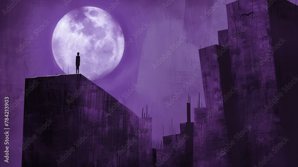 A deeply moving minimalist illustration set against a twilight purple sky, this artwork captures a solitary figure with a drooping posture standing atop an urban roof. The textured strokes of the city