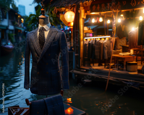 Groom suit on mannequin, floating market backdrop, tailor s detailed workspace, twilight glow , ultra HD