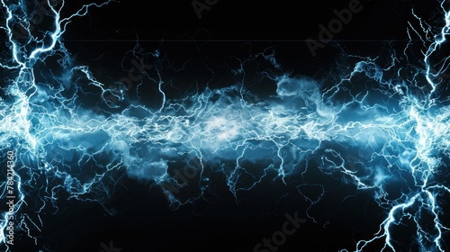 A dynamic rectangular frame of crackling blue and white electricity arcing wildly against a stark black background photo