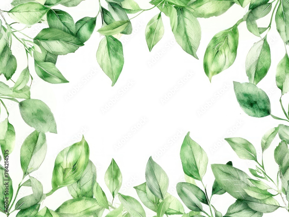 Fototapeta premium A delicate frame made of watercolor green leaves circling a personal invitation