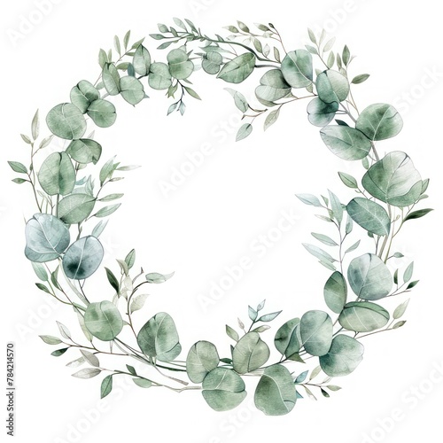 A delicate watercolor illustration of a circular frame made of eucalyptus leaves