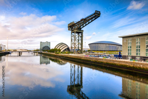 Clyde waterfront regeneration with a wide view of the modern buildings and the  crane. photo
