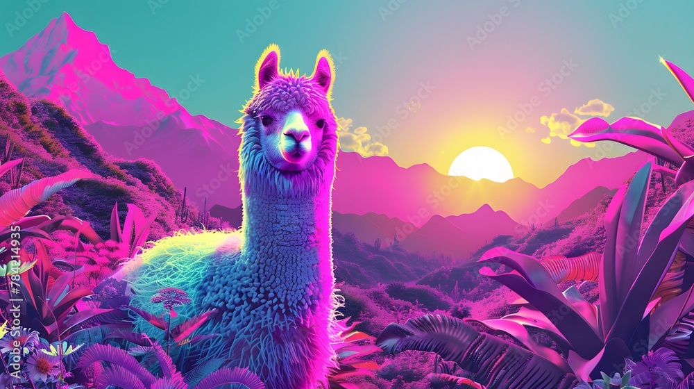 A fluffy llama enjoys a meal in a grassy field - obrazy, fototapety, plakaty 