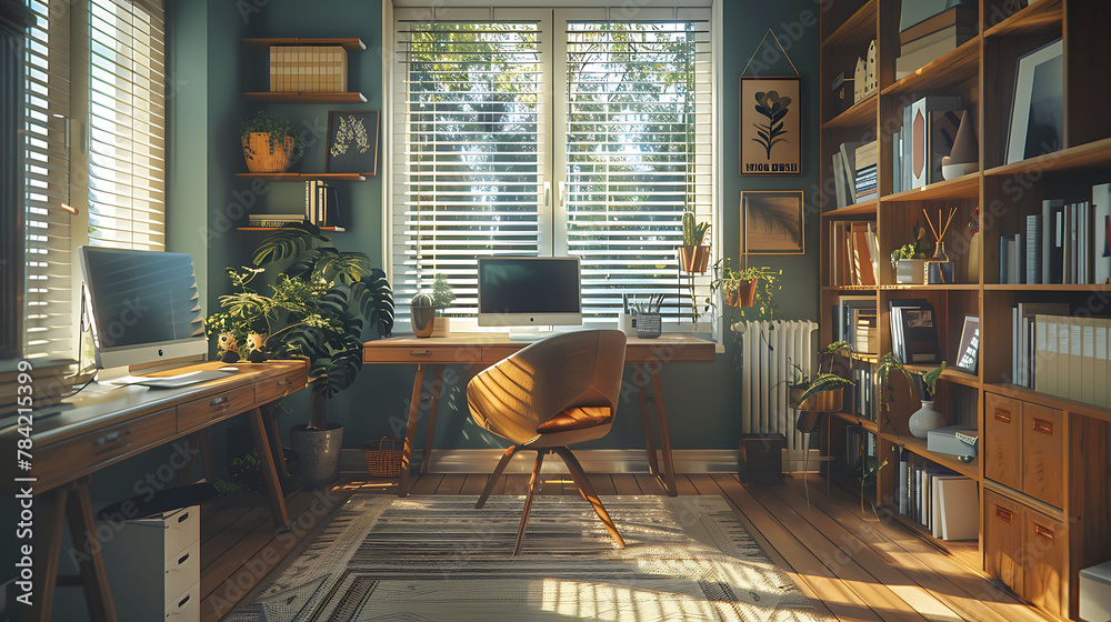 Wide-angle shot of a contemporary home office with built-in storage, modern interior design, scandinavian style hyperrealistic photography