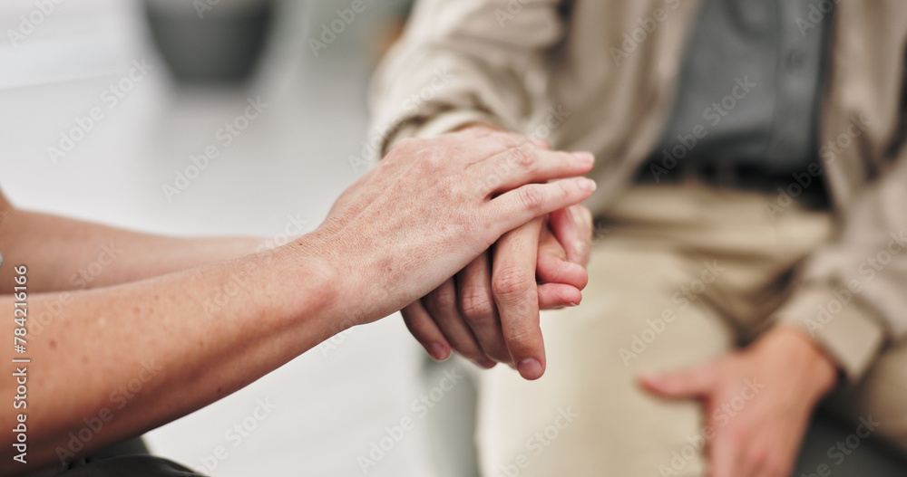 People, holding hands and closeup in therapy with empathy, support and kindness for mental health. Therapist, sympathy and compassion for psychology with trust, consultation and counseling session