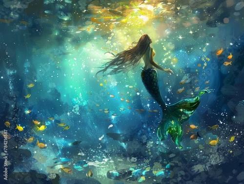 Illustration of. mermaid in the underwater magical world. Fairy tale 