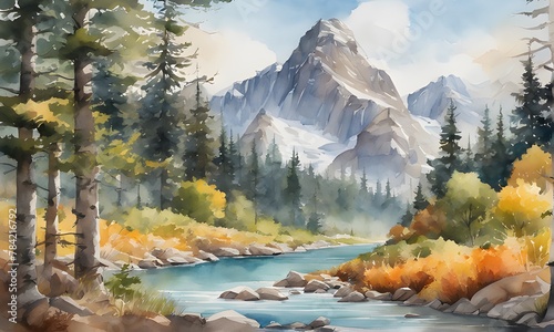 Beautiful autumn landscape with mountains and lake