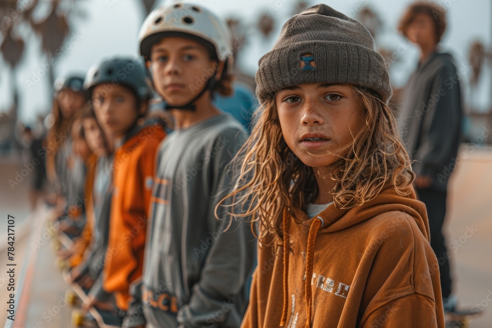 A group of young skateboarders with helmets line up, determination on their faces. A group of young skateboarders with helmets line up, determination on their faces.
