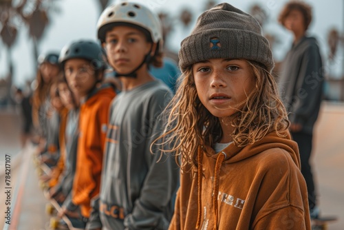 A group of young skateboarders with helmets line up  determination on their faces.