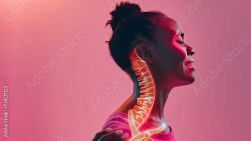 Neck and lumbar pain, intervertebral spine hernia, African black woman with back pain on a pink background, spinal disc disease, health problems concept hyper realistic 