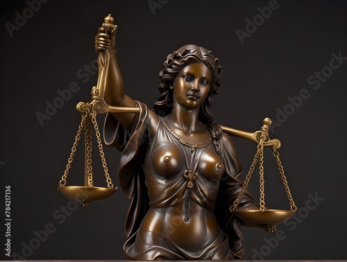 Mohali, Punjab, India-Jan 9 2023: Bronze figurine of Lady Justice with her scales during a movie shooting set of District and Session Court in hlv film playing role of judge, police, visitors etc. 