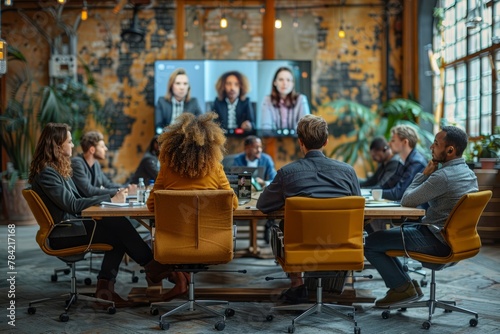Wallpaper Mural People seated around a conference table engage in a hybrid meeting with remote participants on a screen. Torontodigital.ca