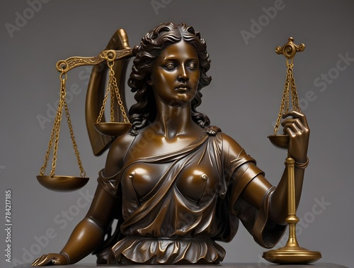 Mohali, Punjab, India-Jan 9 2023: Bronze figurine of Lady Justice with her scales during a movie shooting set of District and Session Court in hlv film playing role of judge, police, visitors etc. 