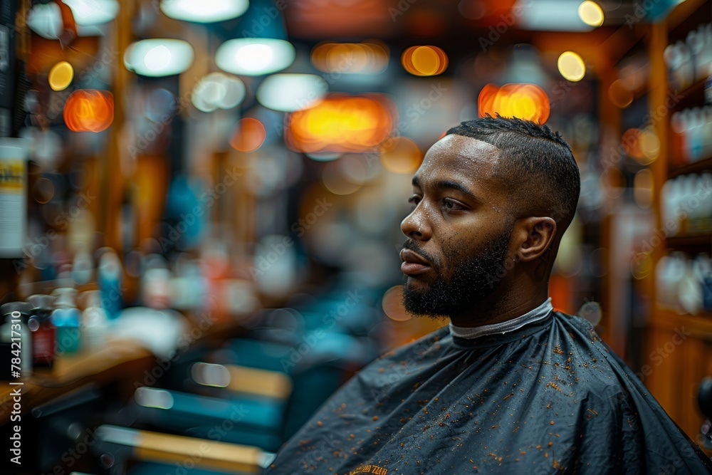 A man receives a fresh haircut at a vibrant barbershop with a blurred background. A man receives a fresh haircut at a vibrant barbershop with a blurred background.