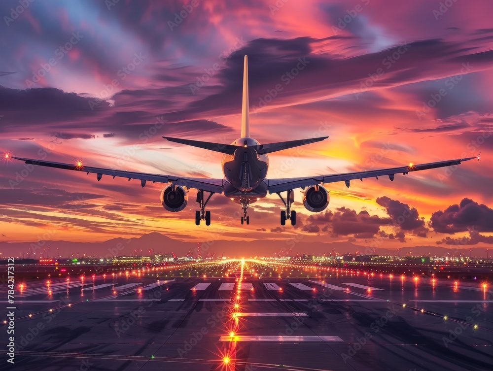 passenger plane fly up over take-off runway from airport at sunset  - obrazy, fototapety, plakaty 