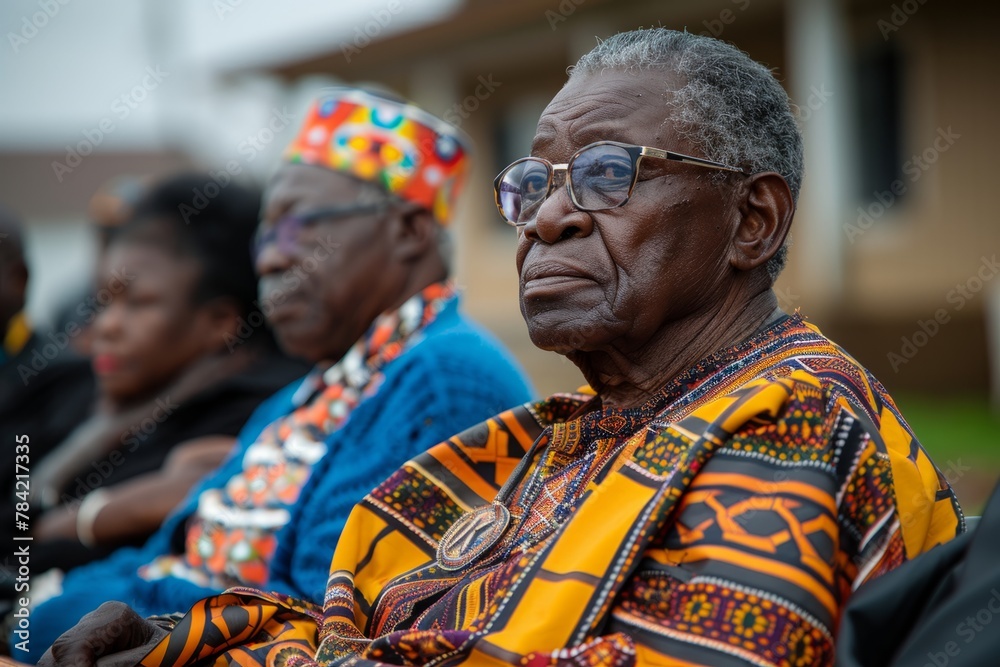 Elderly men in traditional African clothing sit solemnly at a cultural event. Elderly men in traditional African clothing sit solemnly at a cultural event.