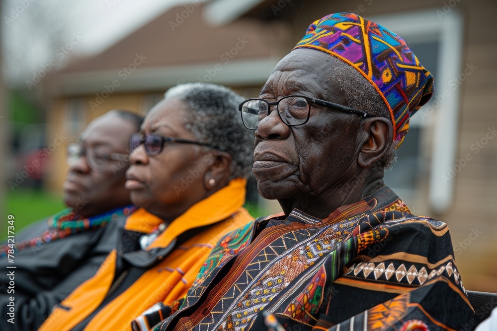 Elderly men in traditional African clothing sit solemnly at a cultural event.