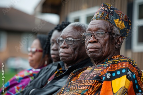 Elderly men in traditional African clothing sit solemnly at a cultural event.