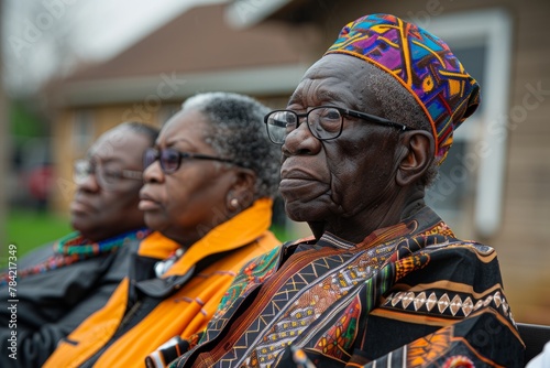 Elderly men in traditional African clothing sit solemnly at a cultural event.