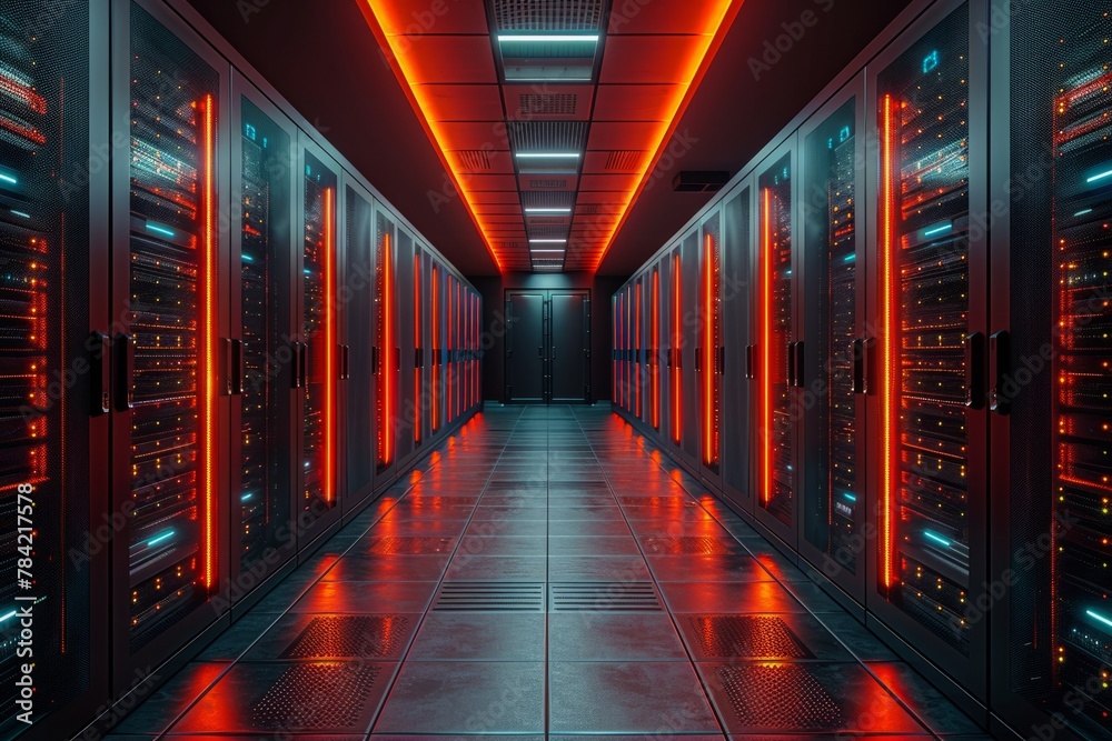 A modern server room with red ambient lighting illuminating rows of high-tech data equipment. A modern server room with red ambient lighting illuminating rows of high-tech data equipment.