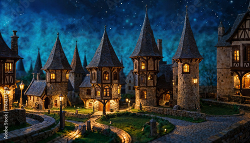 miniature scene of fantasy medieval building village at night, generative AI © Flash